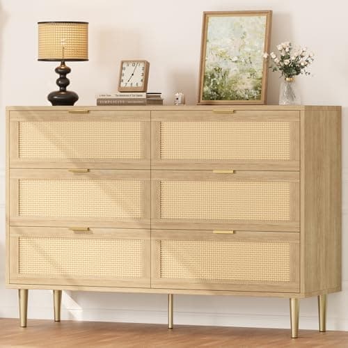 IDEALHOUSE Rattan 6 Drawer Dresser for Bedroom, Modern Chest of Drawers with Gold Legs and Gold Handles, Wide Double Dresser with Large Tabletop and Anti-Tipping Design for Bedroom Living Room, Oak