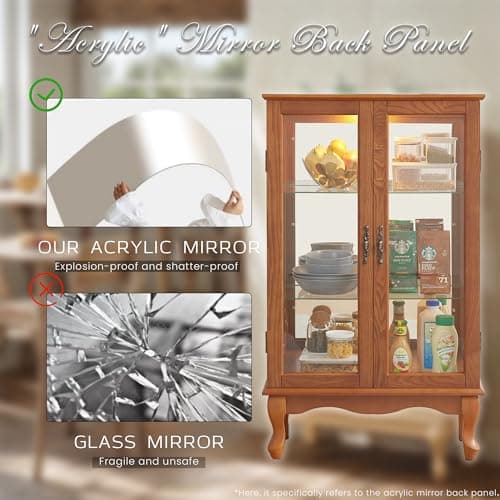 44" Small Lighted Glass Accent Curio Cabinet, Vintage China Cage with 2 Tempered Glass Doors & Adjustable Shelves, Acrylic Mirrored Pane, Elegant Wine Artwork Showcase Rack for Living Room (Dark Oak) 5