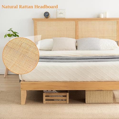 coucheta Rattan Bed Frame Full with Natural Rattan Headboard,Bohemian Rattan Bed Frame with LED Lights,Solid Wood Foundation with Silent Slats,No Box Spring Needed (Full) 7