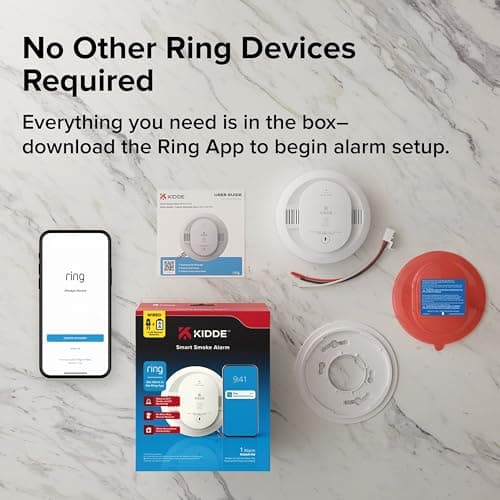 Kidde Smart Smoke Detector, Ring App Enabled for Real-Time Notifications, Hardwired Alarm, AA Backup Battery 9