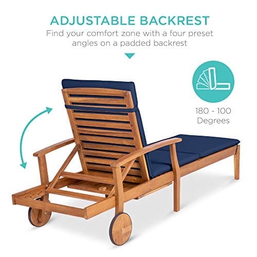 Best Choice Products 79x26in Acacia Wood Chaise Lounge Chair Recliner, Outdoor Furniture for Patio, Poolside w/Slide-Out Side Table, Foam-Padded Cushion, Adjustable Backrest, Wheels - Navy Blue 6