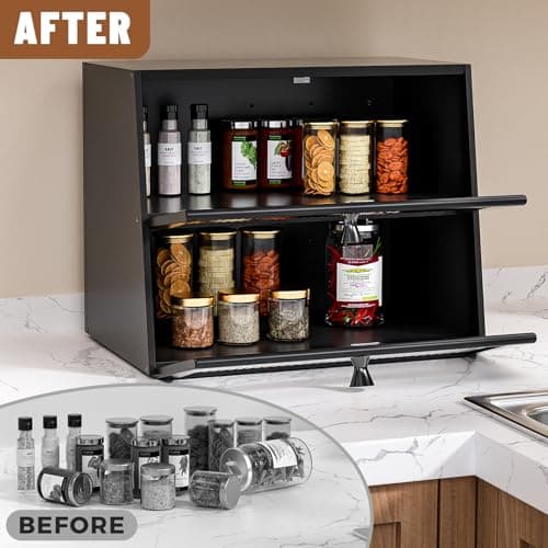 JUATPNIY Bread Box for Kitchen Countertop,Extra Large 2 Layer Breadbox Wooden Farmhouse Bread Storage Container Bread Bin Bread Holder Food Organizer Pantry Shelf Acrylic Window(Black) 8