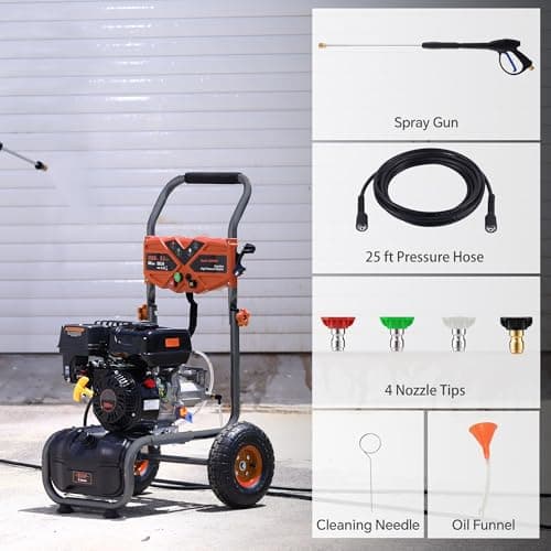 Portable Pressure Washer Gas Powered 3500 PSI 2.3 GPM, 209CC Engine Gas Pressure Washer with 25FT Hose & 4 Quick-Connect Multi-Angle Nozzle, Cordless Pressure Washer for Outdoor Cleaning（Orange） 9