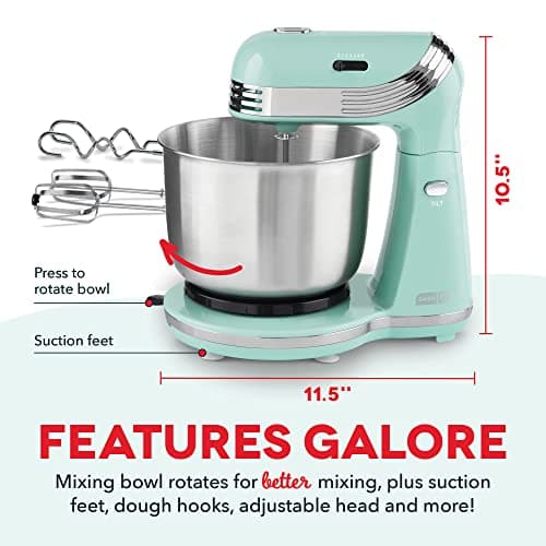 Dash Stand Mixer (Electric Mixer for Everyday Use): 6 Speed Stand Mixer with 3 Quart Stainless Steel Mixing Bowl, Dough Hooks & Mixer Beaters for Dressings, Frosting, Meringues & More - Aqua 6
