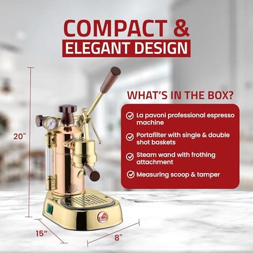 La Pavoni Professional 16-Cup Lever Espresso Machine - Copper and Brass Espresso Maker with Bottomless Portafilter - 38oz Boiler with Pressure Gauge - Manual Lever Operation - Made in Italy 7