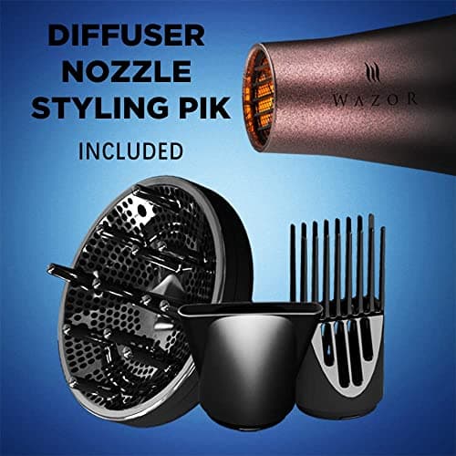 Wazor Professional Ionic Hair Dryer with Diffuser, Infrared Salon Grade Blow Dryer with Comb Attachment, 1875W Powerful Quiet Hair Blow Dryer, Tourmaline Ceramic Hairdryer with Nozzle, Black 6