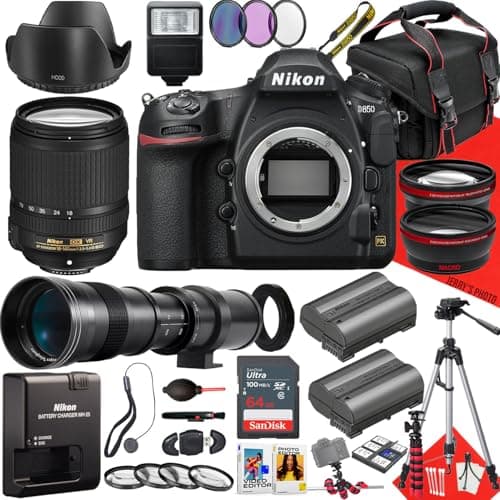 Nikon D850 DSLR Camera with AF-S DX 18-140mm f/3.5-5.6G ED VR Lens and 420-800mm Lens + 64GB Memory + Extra Battery + Slave Flash + Filters + Tripod + More (32pc Bundle)
