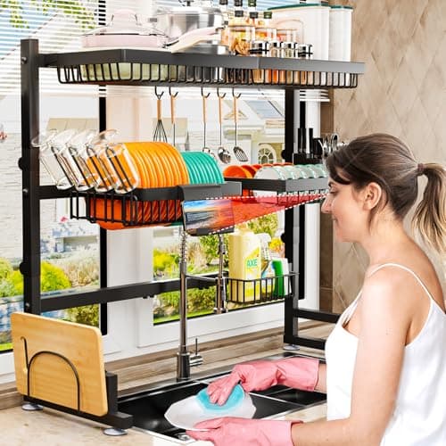 adoymiro 3-Tier Over Sink Dish Draining Rack, Adjustable Width and Height, with Phone Holder, Cup Holder, Knife and Chopstick Holder, Cutting Board Rack, Space-Saving Rack 6