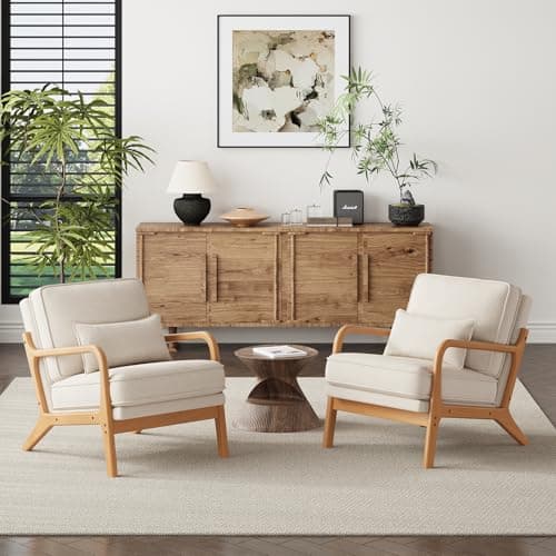 MALOL Mid-Century Accent Chair with Solid Wood Frame, Reading Relaxing Armchair Lumbar Pillow& Soft Cushion, Leisure Chair for Living Room, Bedroom, Waiting Room-Beige 8