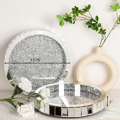 Blingworld 14" Mirrored Tray with Lazy Susan, Easy Access, Super Gorgeous Round Tray with Crushed Diamond Silver Finish - Perfume Organizer & Jewelry for Dresser 7