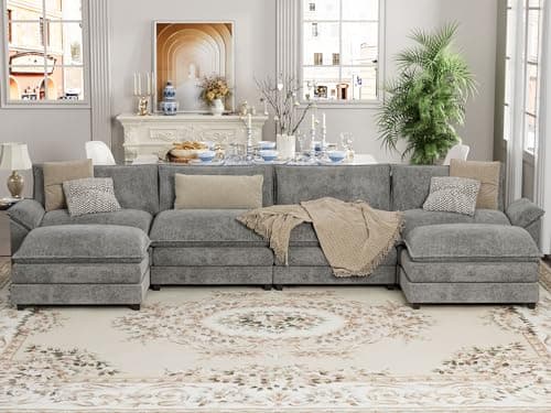 YESHOMY Sectional Modular Sofa U Shaped Chenille Fabric Couch with High Supportive & Soft Sponges and Removable Ottoman, Sleeper Comfy Upholstered Furniture for Living Room, Grey