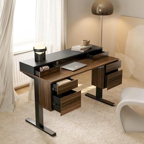 HUANUO Standing Desk with 6 Drawers, 55 Inch Electric Height Adjustable Stand Up Desk with Storage, Computer Home Office Workstation with Monitor Stand, Black Walnut