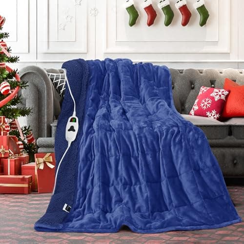 greenoak Heated Weighted Blanket for Adults - Sherpa Fleece Electric Throw Blanket (50”x60”, 13lbs, Cobalt) - Thick Soft Warming Plush Heating Blanket with 10 Heating Levels & 1-8 Hours Auto Off