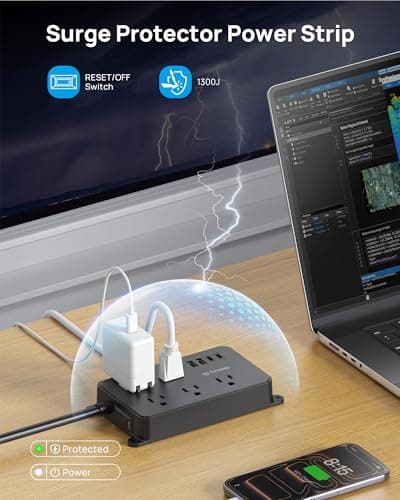 TROND Power Strip Surge Protector, 5 Widely-Spaced Outlets with 2 USB A and 2 USB C, ETL Listed, Wall Mountable, Flat Plug 5ft Extension Cord, 1300J, 14AWG Heavy Duty, for Office Kitchen, Black 5