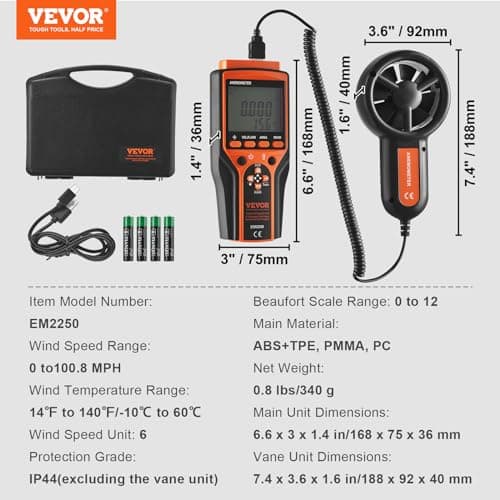 VEVOR Split Handheld Anemometer, 14-140, Digital Wind Speed CFM Meter Gauge with LED Backlight Screen, Measures Wind Velocity Temperature Air Flow, for Sailing Surfing Flying HVAC 7