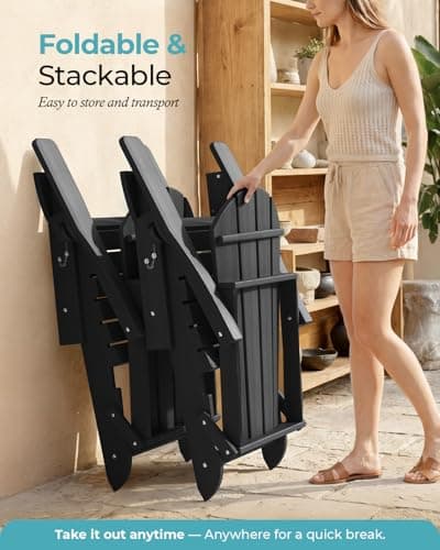 Ciokea Folding Adirondack Chair Wood Texture for Patio, Weather Resistant, Plastic Fire Pit Chair with Cup Holder, Lawn Chair for Outdoor Porch Garden Backyard Deck (Black) 6