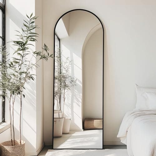 DUMOS 64"x21" Arched Full Length Mirror with Stand Floor Free Standing Aluminum Frame for Bedroom Body Hanging Leaning Modern Simple Home Decor Shatter-proorf Nano Glass Wall, Black-Rounded 7