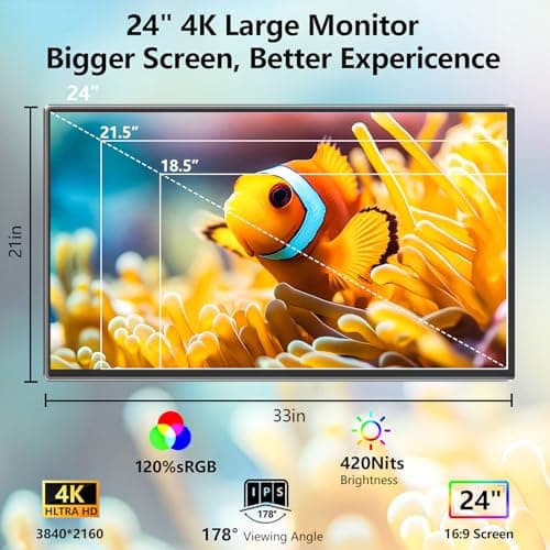 4K Large Portable Monitor 24“ Travel Monitor UHD 3840*2160 120% sRGB External Second Screen for MacBook Laptop Desktop Mini PC W/Stand VESA HDMI USB-C Gaming Display for PS5/Xbox Devices(O2401) (4K) 7