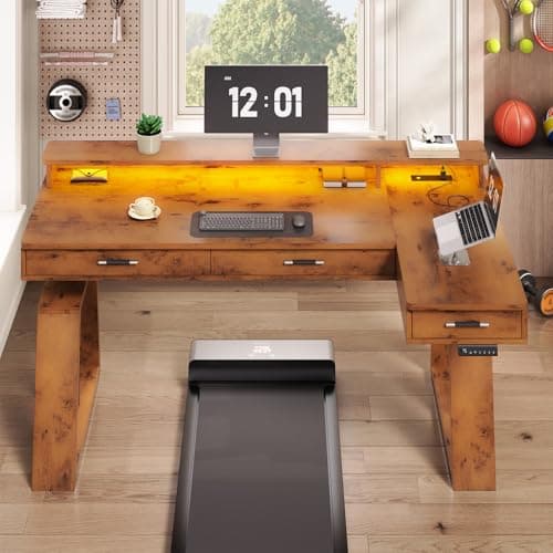 SEDETA 59 Inch L Shaped Electric Standing Desk with Drawers, Executive Adjustable Desk with Power Outlets, Monitor Stand, Sit Stand Computer Table for Home Office, Brown 9