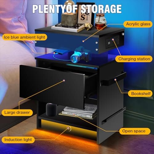 LAINELAND Nightstand with Induction Light & Side Charging Station, Modern Bedside Table with Drawer & Acrylic Bookshelf, Set of 2 Black End Tables for Bedroom - Final Stock 6