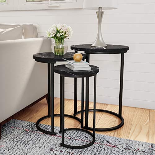 Lavish Home Nesting Tables - Set of 3 Round Side Tables for Living Room, Bedroom, or Home Office - Faux Marble End Table Set - Modern Living Room Furniture (Black)