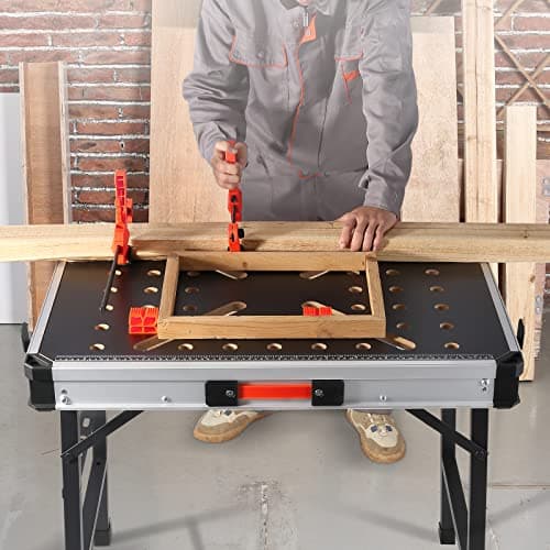 VEVOR Folding Work Table, 2-in-1 as Sawhorse & Workbench, 1000 lbs Load Capacity, Steel Legs, Portable Foldable Tool Stand with 2 Wood Clamps, 4 Bench Dogs, 3 Tool Boxes, 2 Hooks, Easy Garage Storage 8