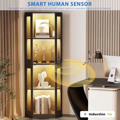 BROTTAR 65" Corner Glass Display Cabinet with LED Lights, 4-Tier Showcase Display Case with Glass Doors & Human Body Sensor for Collectibles, Liquor, Black 6