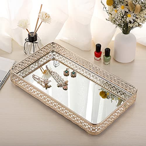 ELLDOO Gold Perfume & Makeup Vanity Tray - Hollow-Carved Jewelry Storage, Glass & Metal Trinket Organizer for Dresser & Bathroom Countertop, Large Size 7