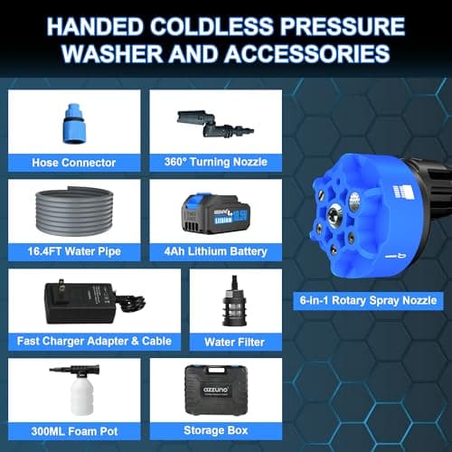 AZZUNO Cordless Pressure Washer, 850PSI Portable Pressure Washer, 4000mAh Powerful Washer with 6-in-1 Nozzle, Handheld Power Cleaner for Car, Home Cleaning & Garden Watering Blue 7