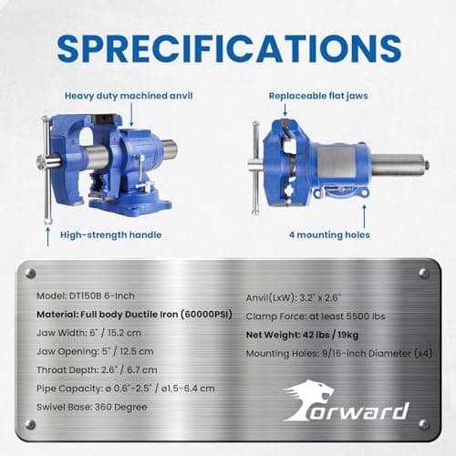 Forward HY-DT150B-6IN Heavy Duty Bench Vise 360-Degree Swivel Base and Head with Anvil (6") 7