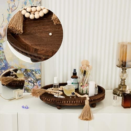 Wooden Decorative Tray-16×11.8in Wood Beaded Coffee Table Decor Tray, Rustic Farmhouse Decor Tray for Living Room, Bathroom, Kitchen Dining Table, Serving Tray Home Decor 5