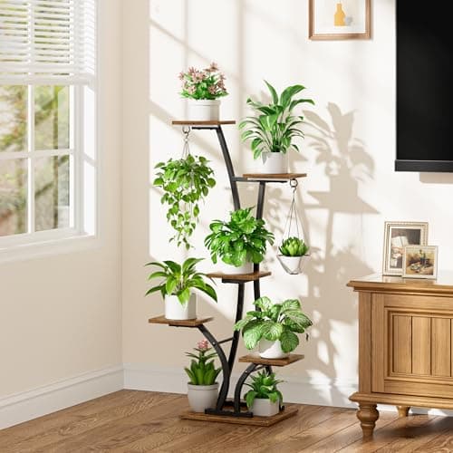 MOSTWOGO Plant Stand with Grow Light for Indoor Plants, 6 Tiered Metal Plant Shelf, 45" Indoor Plant Rack with 7 Shelves and 2 Hooks, Modern Corner Plant Holder for Living Room Balcony Bedroom, Black 7
