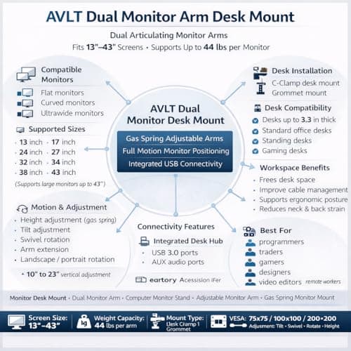 AVLT Dual Monitor Arm Desk Mount for 13"–43" Flat/Curved Screens with USB-A Pass-Through, Full Motion Height Adjustable Swivel Tilt Rotation VESA/C-Clamp/Grommet/Cable Management, White 9