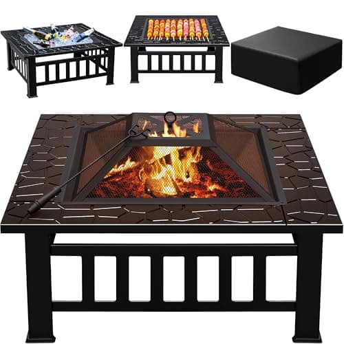 Greesum Multifunctional Patio Fire Pit Table, 32in Square Metal BBQ Firepit Stove Backyard Garden Fireplace with Spark Screen Lid and Rain Cover for Camping, Outdoor Heating, Bonfire and Picnic, Black