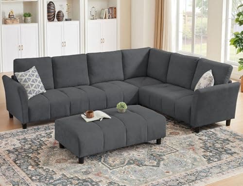 Pingliang Home Modular L-Shaped Sectional Sofa with Ottoman, 6 Seat Corner Sofa with Linen Fabrics, Space-Saving Corner Couch for Living Room, Apartments & Office, Dark Grey