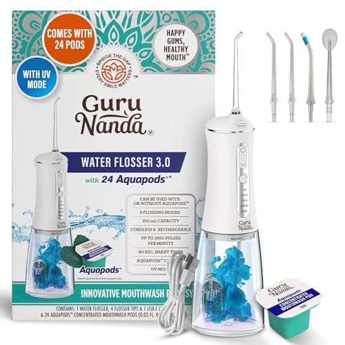 GuruNanda Advanced Dental Water Flosser 3.0 with UV Mode Water Flosser & 24 Aquapods with Mouthwash for Fresh Breath & Plaque Removal, Compact & TSA-Friendly
