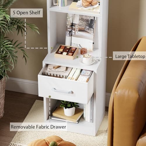 Furologee 6 Tier Bookshelf with Drawer, White 53" Tall Narrow Bookcase, Corner Open Cube Shelves, Modern Wood Floor Standing Rack, Display Storage Shelf for Living Room, Bedroom, Office, Bathroom 5