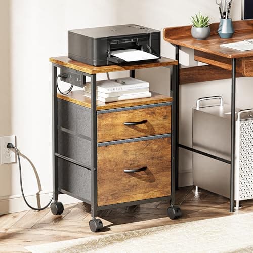 Huuger File Cabinet with Power Outlets, 2 Drawer Filing Cabinet, Printer Stand with Storage, Rolling File Cabinet with Lockable Wheels/Adjustable Feet, Open Shelf, Wood Top, Rustic Brown 7