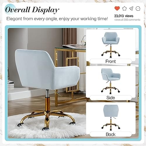 Homedraft Faux Fur 360°Swivel Desk Chair, Modern Height Adjustable Home Office Armchair with Golden Base for Teens Women Girls, Upholstery Computer Chair, Velvet & Light Blue 8
