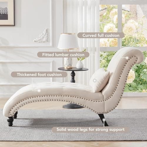 Weture Tufted Soft Chaise Lounge Indoor, Linen Rivets Chaise Lounge Chair for Bedroom Living Room, Armless Upholstered Chaise Couch Chair with Square Cushions and Solid Wood Legs, Beige 5
