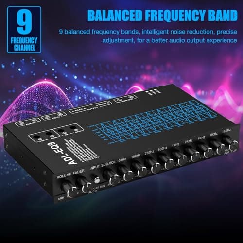 Facmogu 9-Band Car Audio Equalizer, Car Graphic Equalizer EQ W/Front, Rear + Sub Output, 8V RMS Line Driver, Adjustable Audio Output for Car, Boat, W/CD/AUX Input Select & White Light Illumination 5
