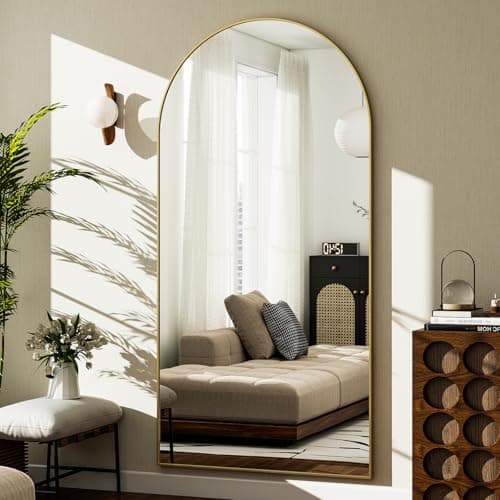 GLSLAND-30x71 inch Wall Mount Arched Full Length Mirror-Aluminum Alloy Frame High Definition-Full Body Mirror for Bedroom or Living Room,Gold 9