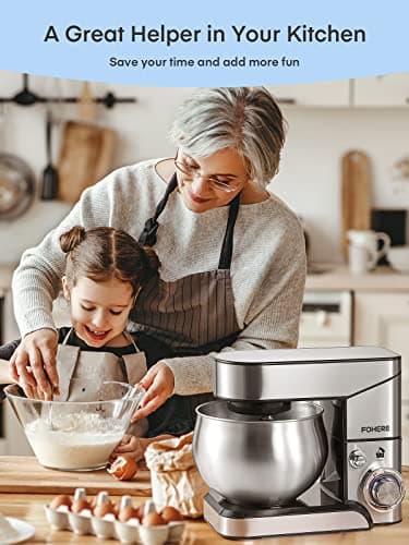 Stand Mixer FOHERE, 5.8 QT Stainless Steel Mixer with Dough Hook, Mixing Beater, Wire Whip, Dishwasher-safe, 6+P Speeds Tilt-Head Kitchen Dough Mixers for Cake, Electric Home Cooking Kitchen Mixer 8