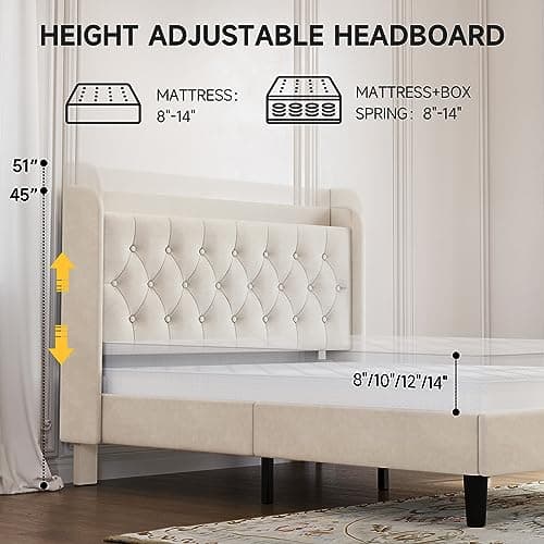koorlian Queen Bed Frame with Headboard, Adjustable Velvet Upholstered Bed Frame with Type-C&USB Ports, Wingback Storage Headboard, Solid Wood Slats Support, No Box Spring Needed, Noiseless, Beige 7