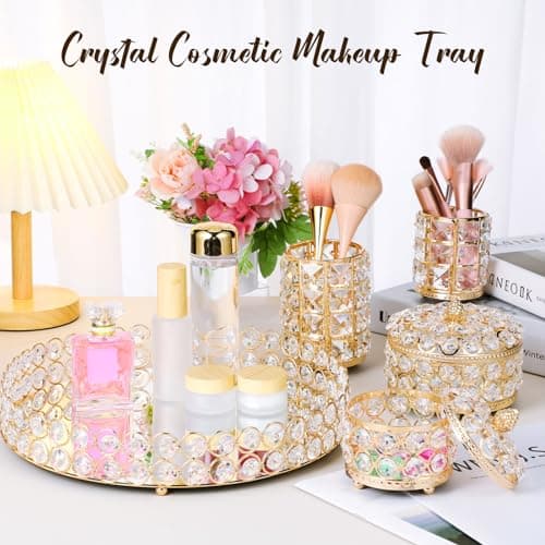 Tioncy 5 Pieces Crystal Makeup Decorative Vanity Perfume Tray Set Mirrored Cosmetic Brush Holder for Dresser Glass Jewelry Organizer Box Home Decor Table Accessories(Gold) 5
