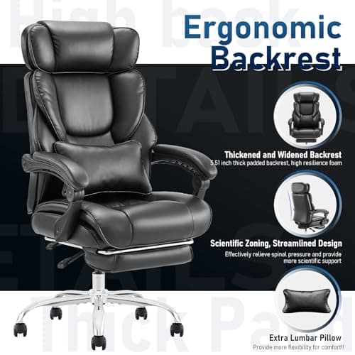 Office Chair with Footrest-Ergonomic Computer Chair with Extra Lumbar Support Pillow, High Back Executive Desk Chair Thick Bonded Leather, Large Home Office Work Chair with Wide Seat for Comfort-Black 7