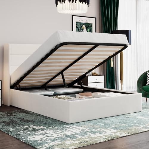 SHA CERLIN Queen Size Lift Up Storage Bed/Velvet Upholstered/Modern Wingback Headboard/Upholstered Platform Bed Frame/Hydraulic Storage/No Box Spring Needed/White
