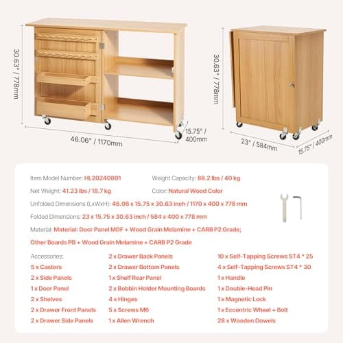 VEVOR Folding Sewing Table, Multipurpose Sewing Machine Table with Compact Design, Wheels, Shelves, Storage Trays, Wooden Pegs, and Magnetic Doors, Sewing Desk Cabinet for Sewing Machine, Wood Color 7