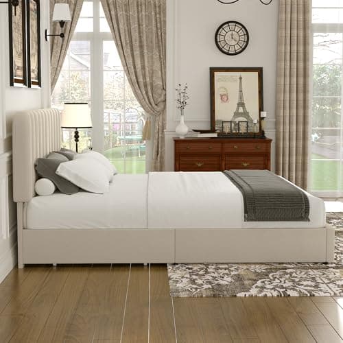 VECELO Full Size Upholstered Bed Frame with 4 Drawers and Headboard, Velvet Platform Storage Bedframe, Wooden Slats Support, No Box Spring Needed,Beige 6