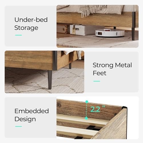 LINSY Full Size Bed Frame Wood with Ergonomic Headboard, Bed Frame Full with Storage Shelf, Noise-Free, No Box Spring Needed - Brown 6